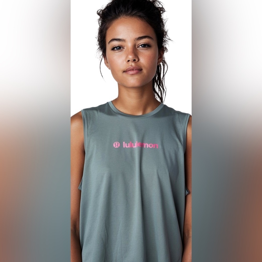 New- XL sage, green sleeveless active top with pink graphic decal on front
